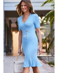 Sosandar Blue Gold Button Flippy Hem Knit Dress