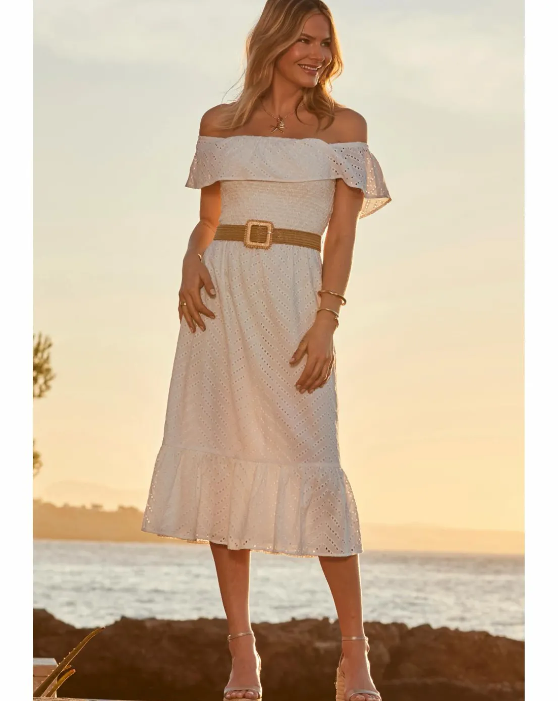 Sosandar Broderie Bardot Belted Midi Dress