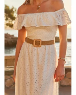 Sosandar Broderie Bardot Belted Midi Dress