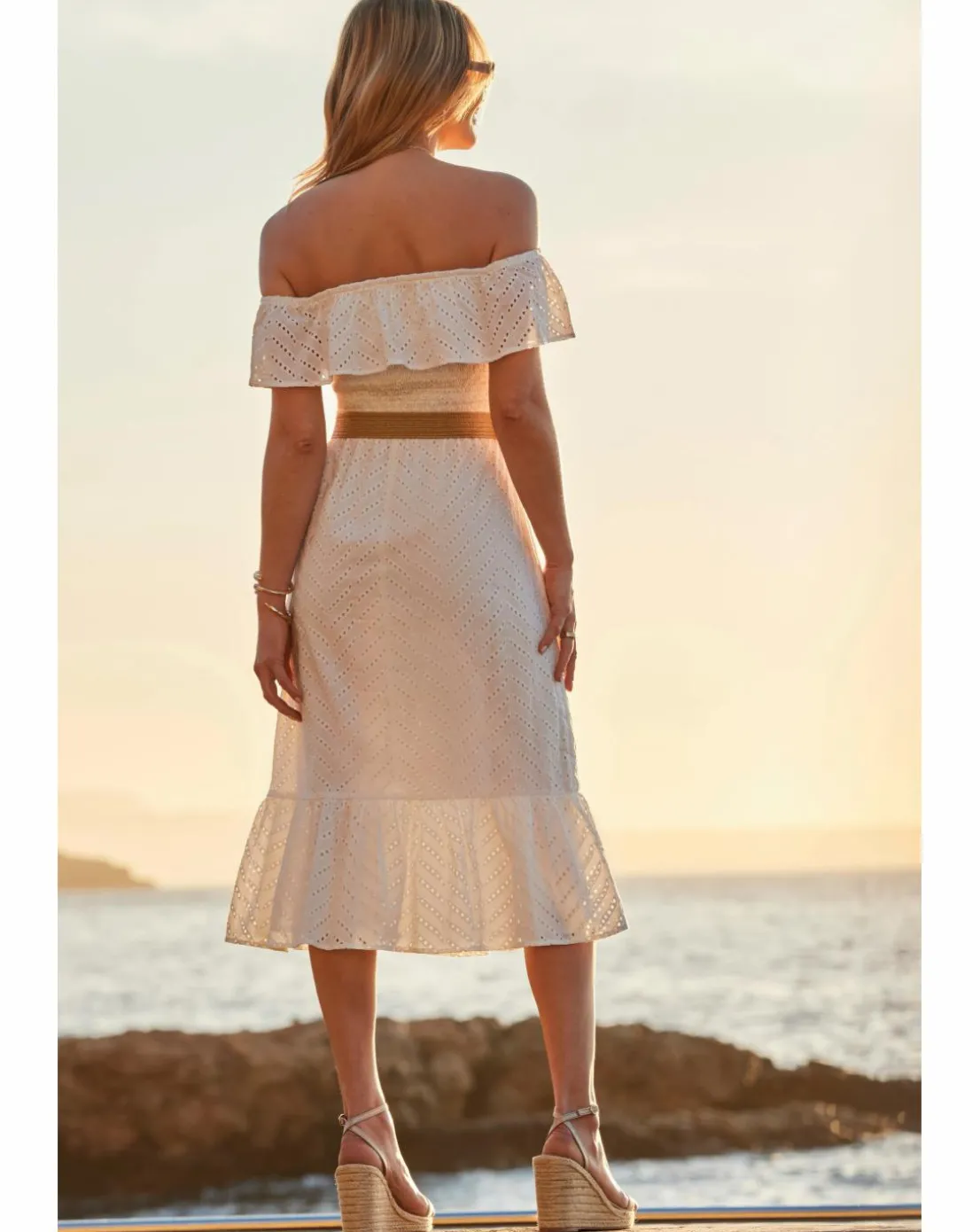 Sosandar Broderie Bardot Belted Midi Dress