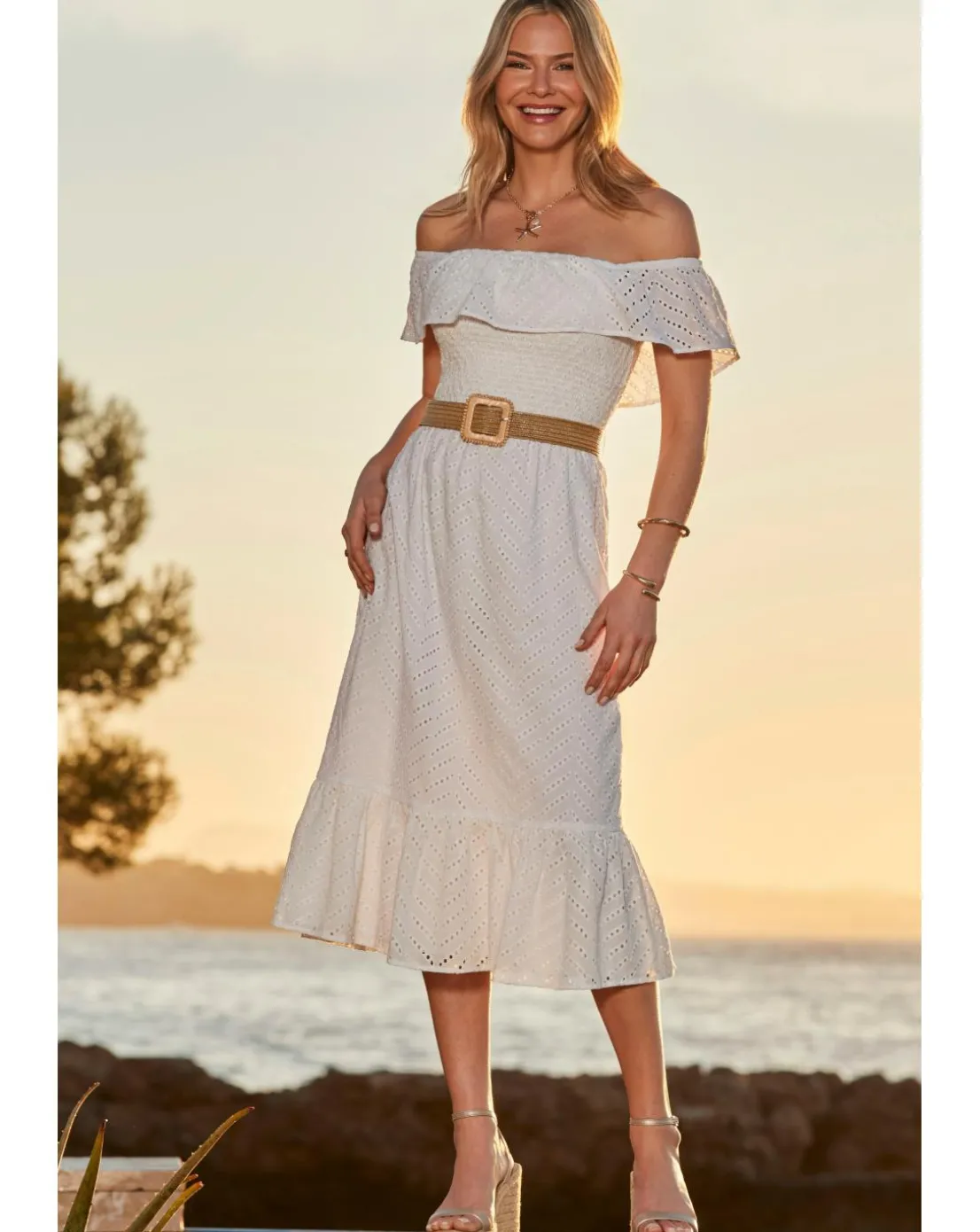 Sosandar Broderie Bardot Belted Midi Dress