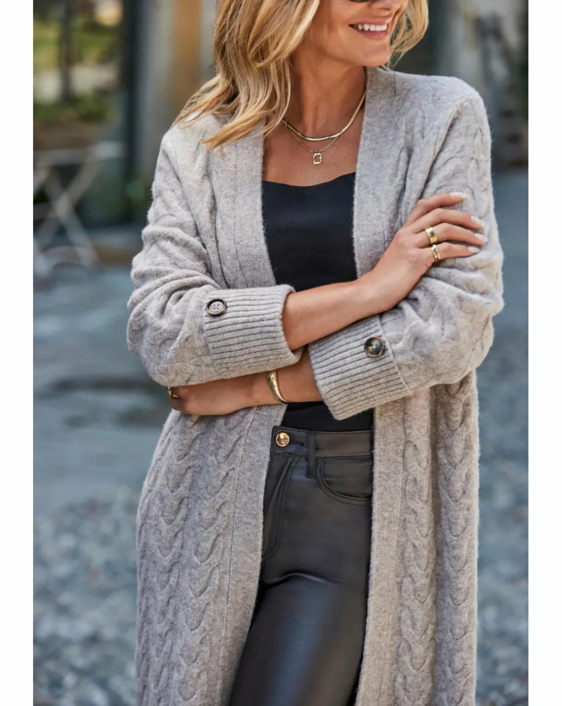 Sosandar Cable Button Cuff Maxi Cardi