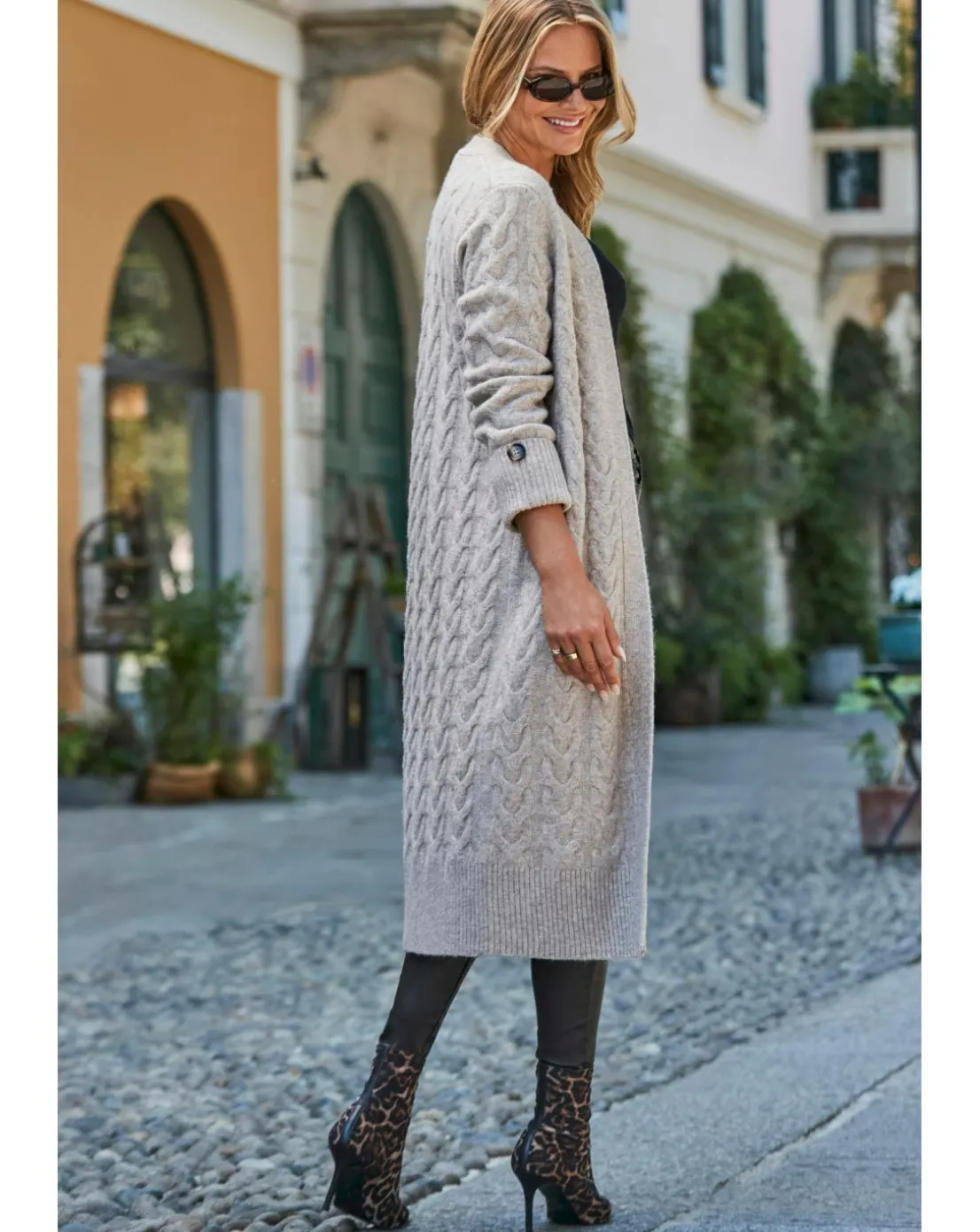 Sosandar Cable Button Cuff Maxi Cardi