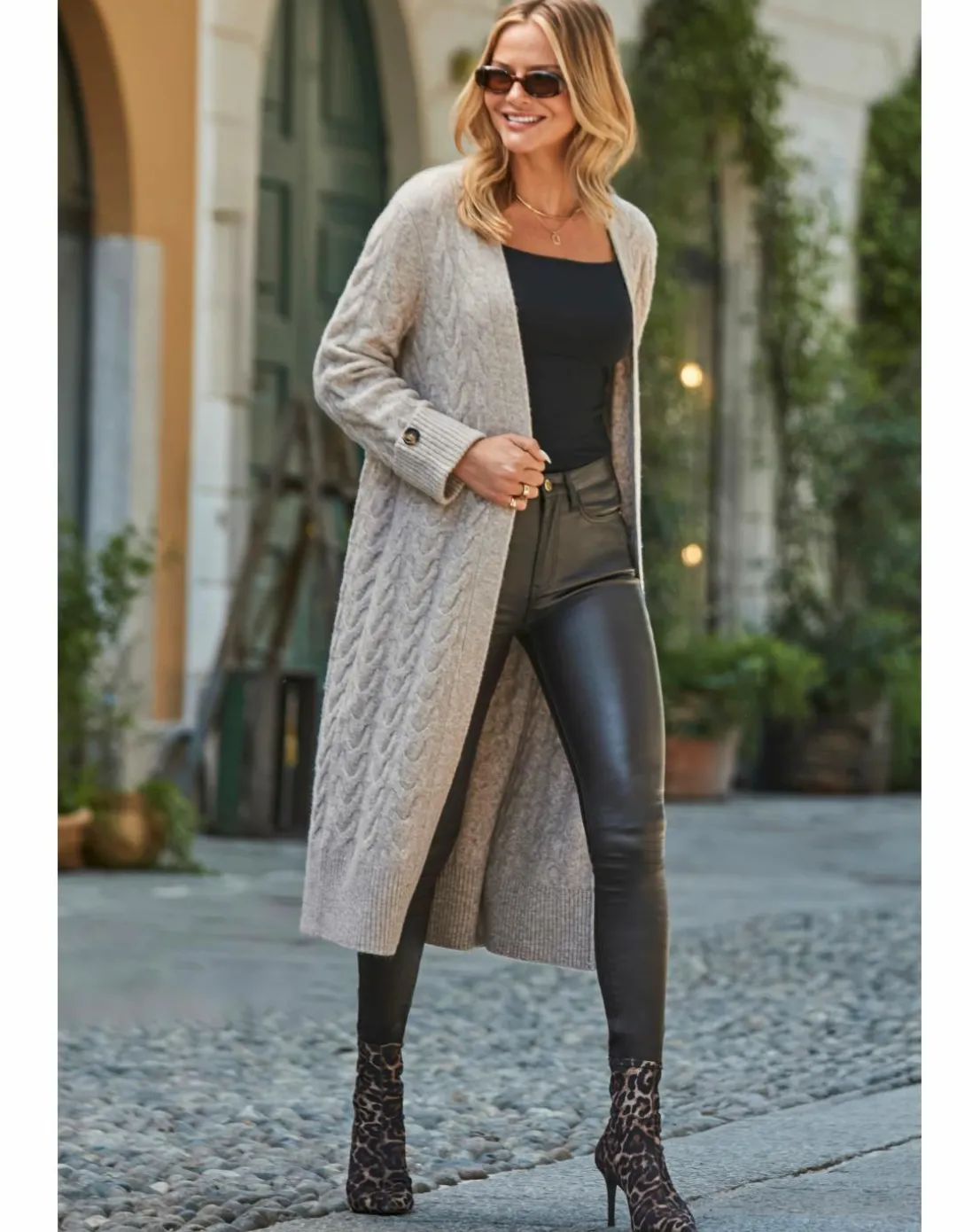 Sosandar Cable Button Cuff Maxi Cardi