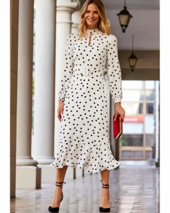 Sosandar Ivory and Black Spot Print Keyhole Detail Belted Fit and Flare Dress