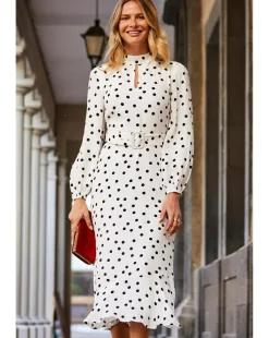 Sosandar Ivory and Black Spot Print Keyhole Detail Belted Fit and Flare Dress