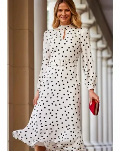 Sosandar Ivory and Black Spot Print Keyhole Detail Belted Fit and Flare Dress