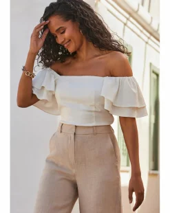 Sosandar Linen Blend Ruffle Sleeve Bardot Top