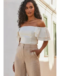 Sosandar Linen Blend Ruffle Sleeve Bardot Top