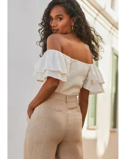 Sosandar Linen Blend Ruffle Sleeve Bardot Top