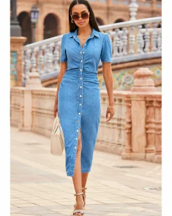 Sosandar Mid Blue Panelled Detail Button Front Denim Dress