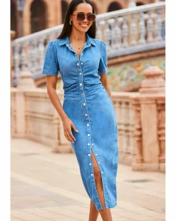 Sosandar Mid Blue Panelled Detail Button Front Denim Dress