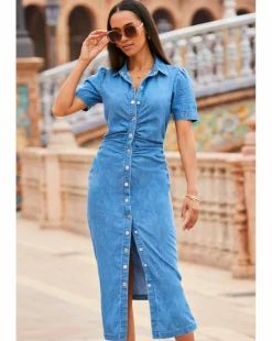 Sosandar Mid Blue Panelled Detail Button Front Denim Dress