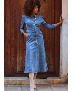 Sosandar Mid Blue Ruched Waist Popper Front Denim Dress