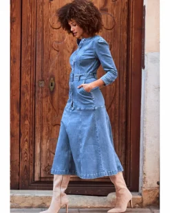 Sosandar Mid Blue Ruched Waist Popper Front Denim Dress