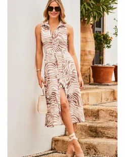 Sosandar Natural Zebra Print Sleeveless Jersey Shirt Dress