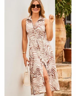 Sosandar Natural Zebra Print Sleeveless Jersey Shirt Dress