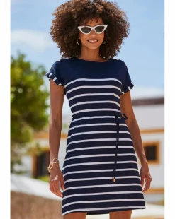Sosandar Navy Blue Stripe Print Button Shoulder T-shirt Dress