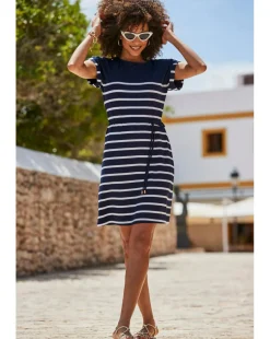 Sosandar Navy Blue Stripe Print Button Shoulder T-shirt Dress