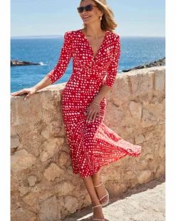 Sosandar Red Spot Print Twost Front Ruched Sleeve Fit and Flare Dress