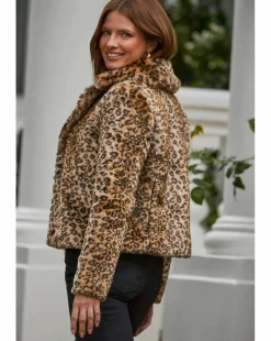 Sosandar Short Faux Fur Leopard Coat