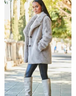 Sosandar Taupe Premium Faux Fur Coat with Button Detail
