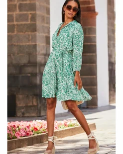 Sosandar White and Green Baroque Print Crinkle Shirt Dress