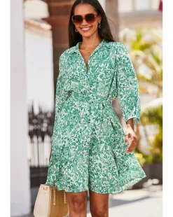 Sosandar White and Green Baroque Print Crinkle Shirt Dress