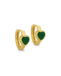 Sterling Silver Yellow Gold Plated Heart Malachite Huggy Earrings