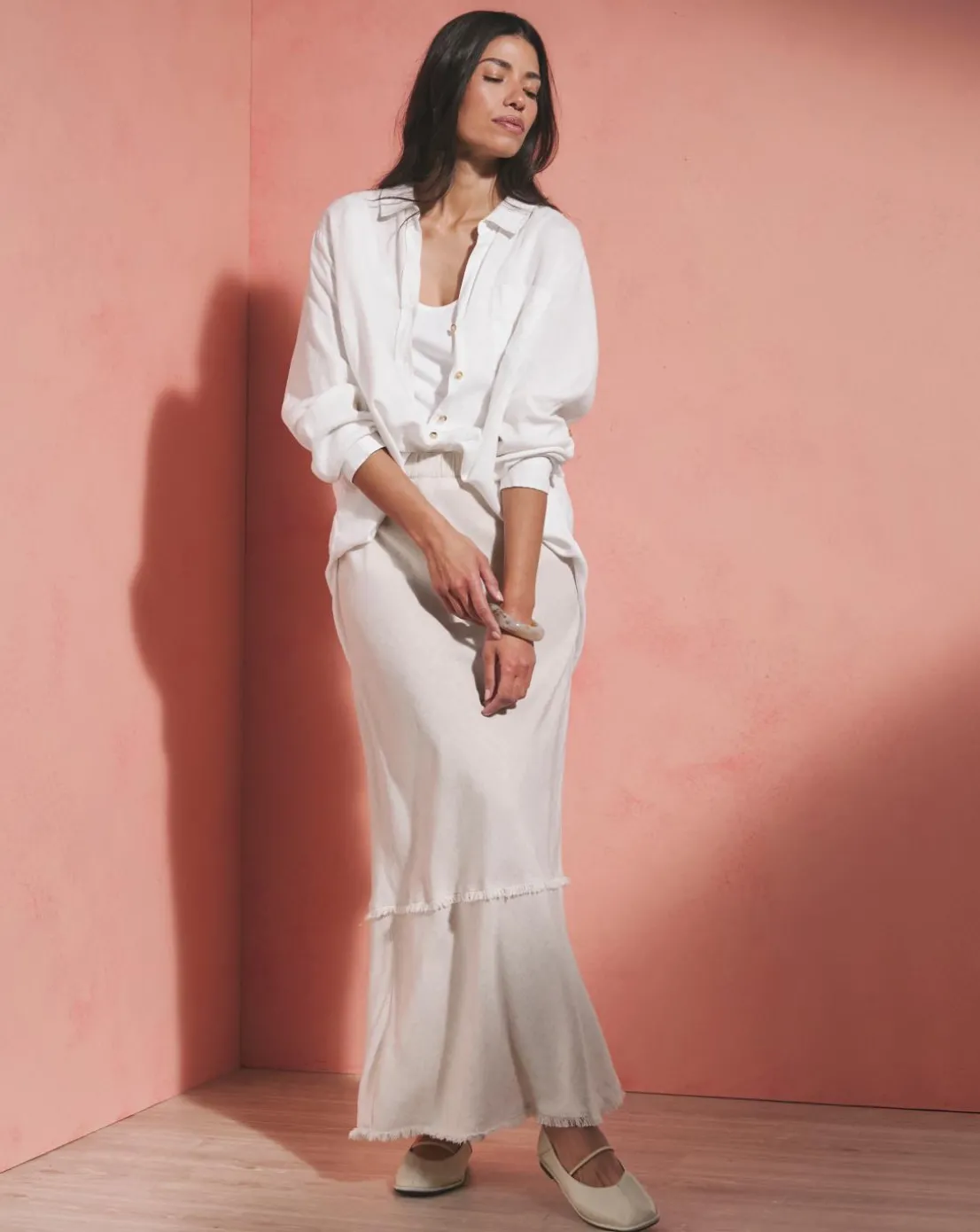 Stone Linen Mix Frayed Hem Skirt