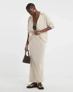 Stone Linen Mix Frayed Hem Skirt