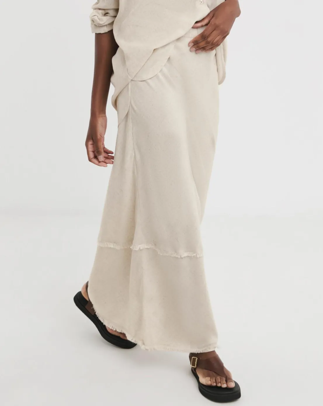 Stone Linen Mix Frayed Hem Skirt