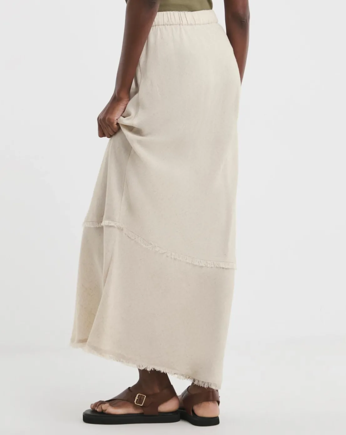Stone Linen Mix Frayed Hem Skirt