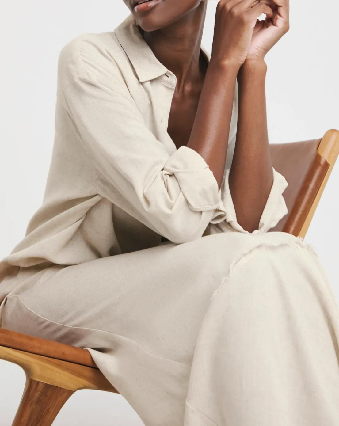 Stone Linen Mix Frayed Hem Skirt