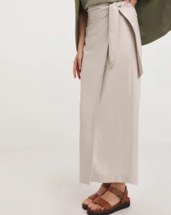 Stone Linen Mix Midi Wrap Skirt