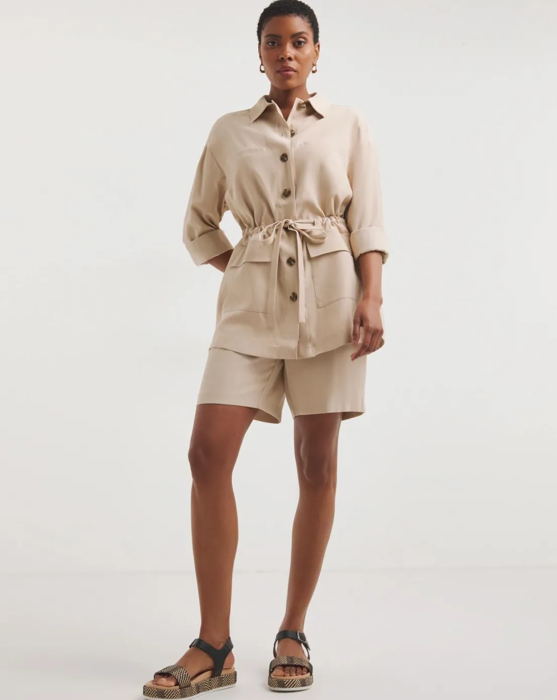 Stone Twill Tie Waist Overshirt