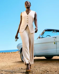 Stripe Linen Mix Wide Leg Trousers