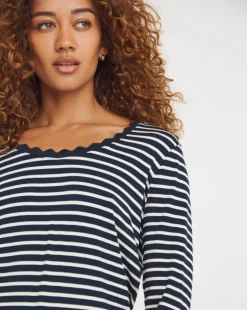 Stripe Scallop Scoop Neck Long Sleeve Top