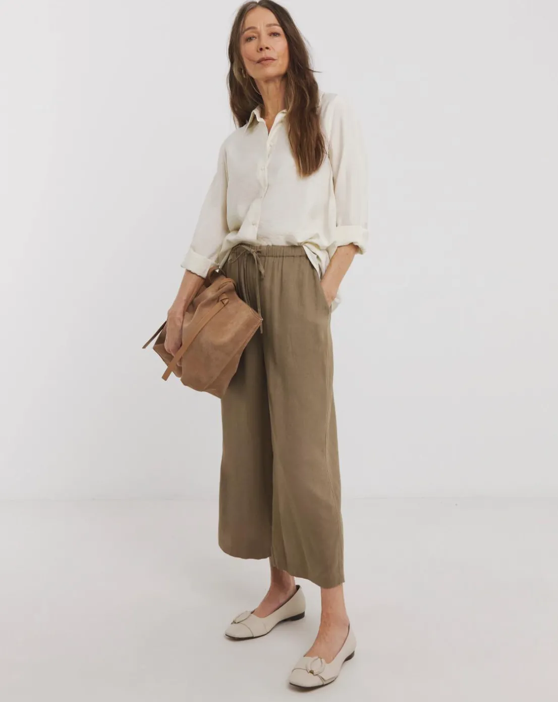 Taupe Linen Mix Cropped Wide Leg Culottes