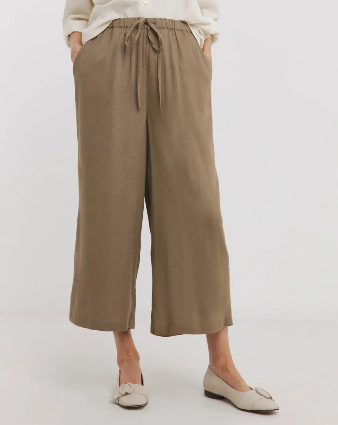 Taupe Linen Mix Cropped Wide Leg Culottes