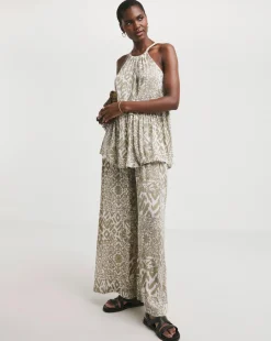 Taupe Print Crinkle Palazzo Trousers