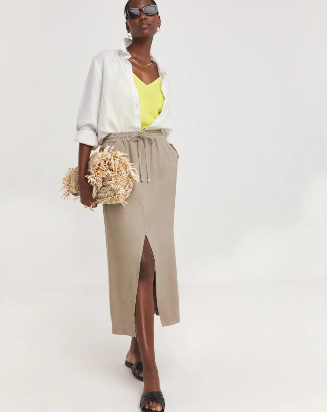 Taupe Soft Pull On Midi Column Skirt