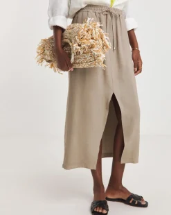Taupe Soft Pull On Midi Column Skirt