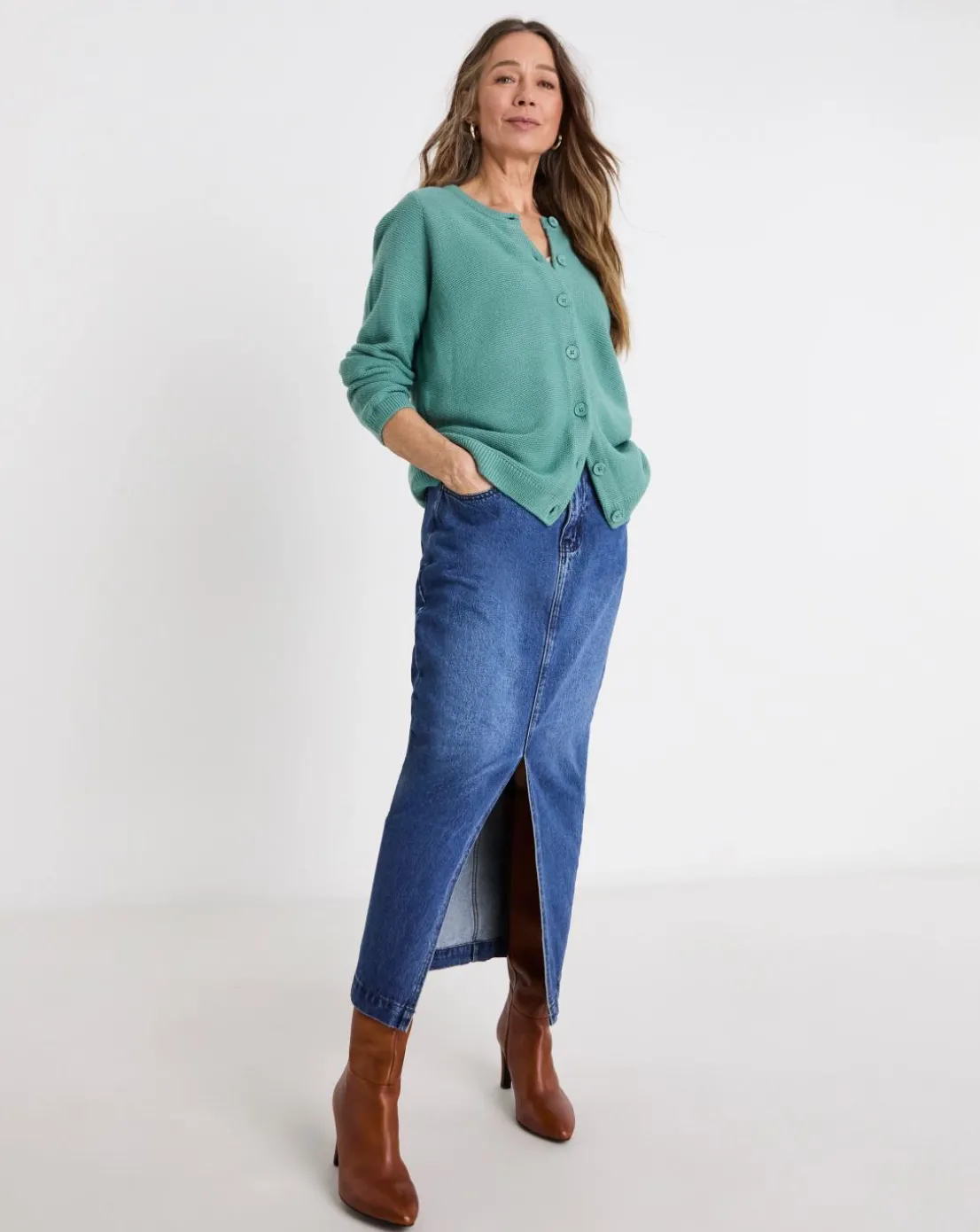 Teal Boxy Crew Neck Cardigan