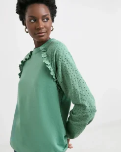 Teal Broderie Sleeve Frill Detail Sweat