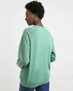 Teal Broderie Sleeve Frill Detail Sweat