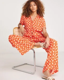 Terracotta Print Crinkle Shirred Waist Wide Leg Trousers