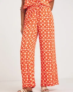 Terracotta Print Crinkle Shirred Waist Wide Leg Trousers