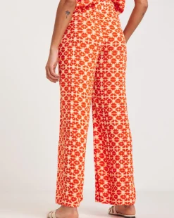 Terracotta Print Crinkle Shirred Waist Wide Leg Trousers