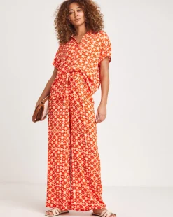 Terracotta Print Crinkle Shirred Waist Wide Leg Trousers